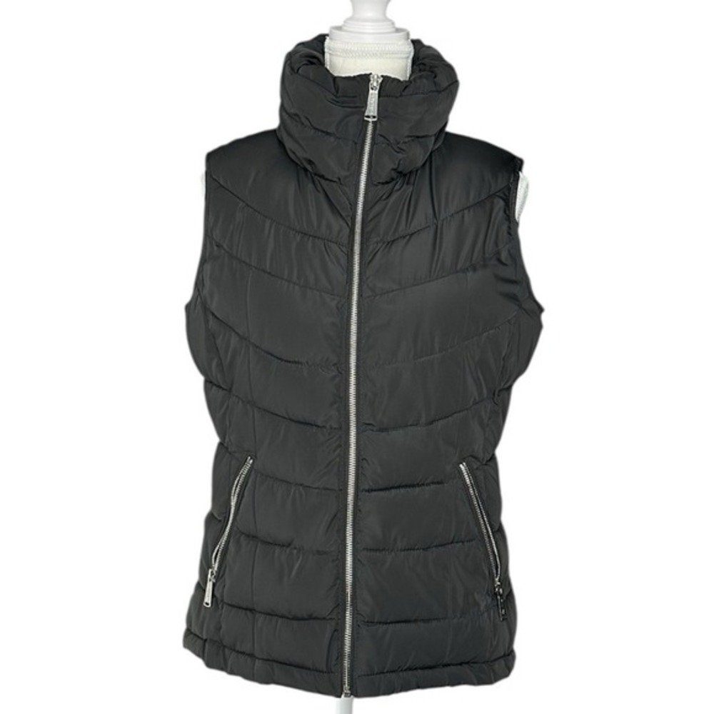 Calvin Klein Womens Puffer Vest Black Quilted Full Zip Stand Collar Small